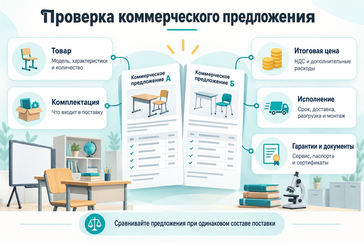 Инфографика проверки коммерческого предложения на поставку школьного оборудования